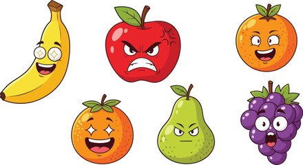 Animated fruit characters expressing range of emotions from joy to anger and surprise