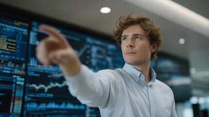Stock trader interacting with holographic AI dashboard showing live market data, candlestick charts, and predictive analytics, symbolizing next-generation finance, real-time insights, and high-tech