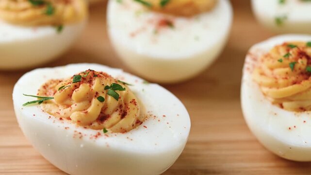 Homemade hard Boiled Deviled Eggs garnished with herbs on wooden table