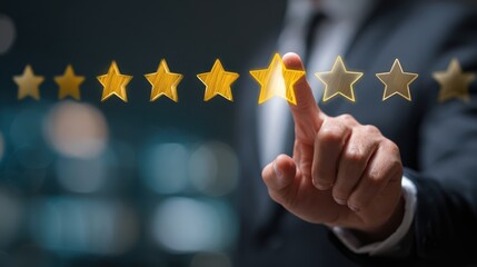 Customer Rating System with Gold Stars Touchscreen Interface Displaying Excellent Service Review Customer Experience Evaluation Business Concept and Satisfaction Guaranteed Digital Feedback