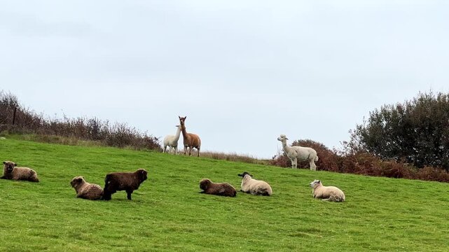 Two Cute Young Alpaca Llama Cria Playing on a Green Hill, Trefor, Wales, United Kingdom
