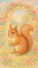 Obraz premium Whimsical squirrel amidst floral archway mobile wallpaper