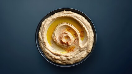 Delicious creamy hummus with a swirl of olive oil and paprika, perfect for healthy snacking and vibrant meals