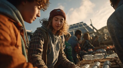 A diverse group of young volunteers sorting recycled bottles in an urban community.