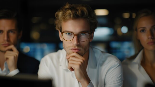 Team of professionals visualizing projected rental income and property trends on holographic displays, symbolizing data-driven decisions, AI financial modeling, and real estate strategy. cinematic