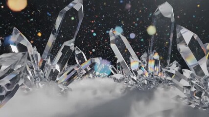 A 3D abstract world made of slowly rotating translucent crystal structures reflecting rainbow light, surrounded by soft mist and bokeh particles - Powered by Adobe