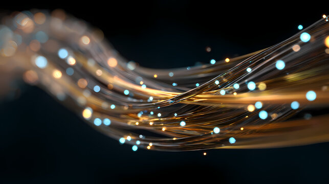 An abstract artistic of light trails with blue and gold hues. A stream of lights weaves across a dark background, evoking a sense of movement and energy