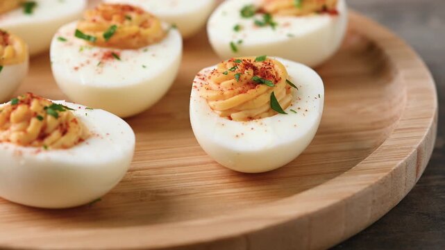 Homemade hard Boiled Deviled Eggs garnished with herbs on wooden table
