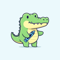 Obraz premium Cute Cartoon Alligator Holding a Blue Crayon.
