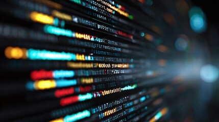 Abstract view of computer code with blurred colorful lines of characters. Digital technology concept with data and information flow. Futuristic cybernetic backdrop.
