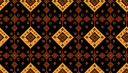 Ethnic geometric seamless pattern. Traditional tribal folk ornament with a pixelated cross-stitch style. Vector illustration for fabric and textile design.