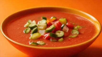 Enjoy a refreshing bowl of vibrant gazpacho with fresh vegetables on a bright orange background
