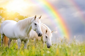 Obraz premium Majestic unicorn trio under a magical forest rainbow