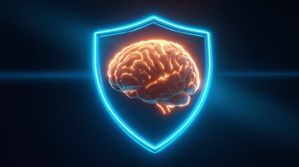 Brain protection concept: A glowing brain inside a neon shield symbolizes mental health and cognitive safety. Promotes focus, memory, and intelligence.