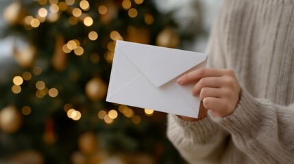 Blank white letter paper mockup held by child&rsquo;s hand near glowing fairy lights and ornaments, emotion of innocence and hope visible, symbolizing children&rsquo;s Christmas dreams, personalized letter