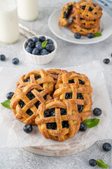 Homemade blueberry hand pies or mini tarts with milk on a concrete background.