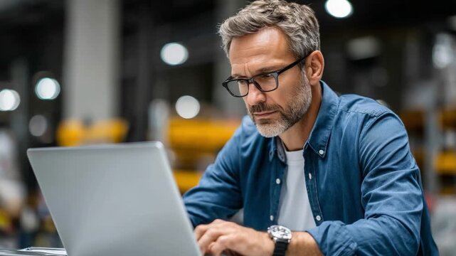 Focused Professional Working on Laptop: A focused, sophisticated middle-aged man with glasses, engrossed in his work on a laptop, demonstrating commitment and analytical expertise.