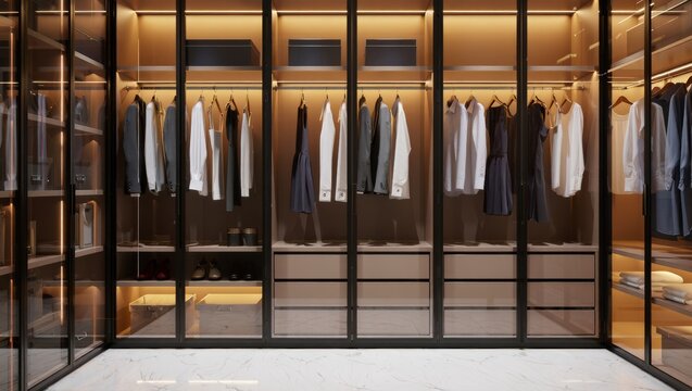 Elegant walk-in closet with modern design showcasing stylish clothes and accessories, perfect for luxury lifestyle aspirations - Powered by Adobe