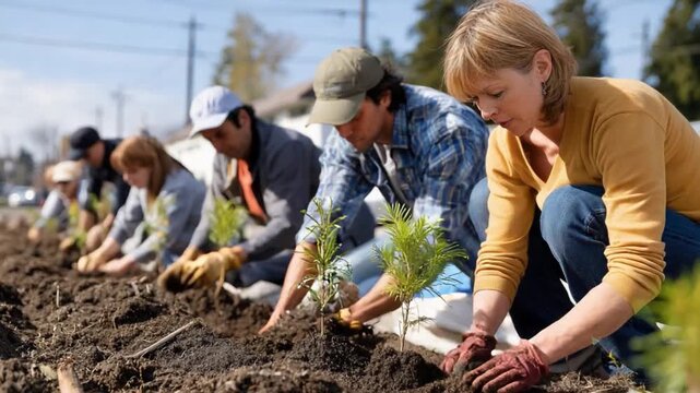 Community Planting: A group of volunteers works together to plant saplings in the soil, embodying the spirit of community service and environmental stewardship.