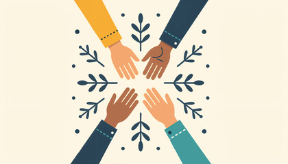 Diverse hands symbolizing unity and community. Flat design vector illustration of collaboration and support. Winter holiday snowflake concept