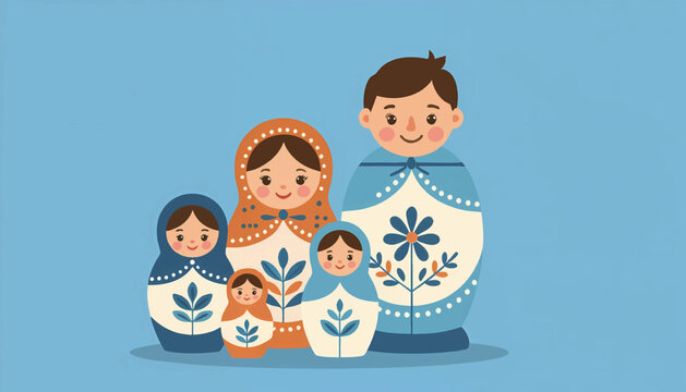Matryoshka nesting doll family illustration. Traditional Russian cultural symbol. Flat cartoon vector graphic design