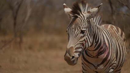 Striking Zebra With Wound Standing In Dry Savanna Under Bright Sun