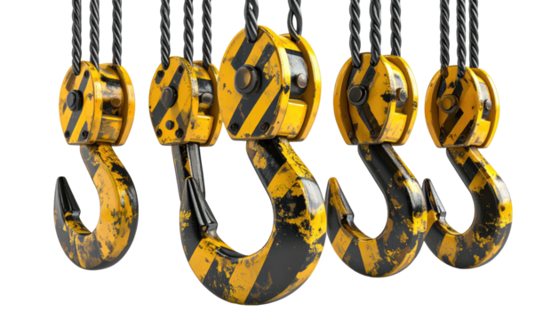 Five hanging, heavy-duty, striped, and industrial crane hooks against a stark black background. Detailed render