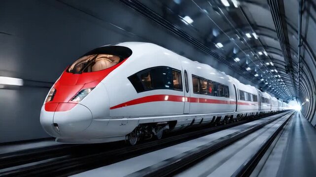 Speeding Bullet: A sleek, modern train races through a futuristic tunnel, embodying speed, efficiency, and the progress of modern transport. The image showcases the sleek design and powerful nature.