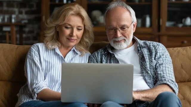 Couple's Digital Serenity: An elder couple shares a tender moment, their gaze focused on a laptop screen while embraced in the comfort of their home.