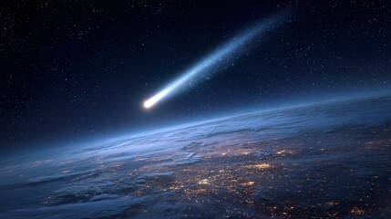 Striking cosmic event: A radiant meteor streaks across the night sky, illuminating Earth's horizon with a brilliant trail against a backdrop of distant stars.