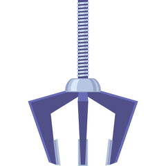 A purple claw machine grabber arm with a silver and blue top and a blue checkered spring mechanism against a plain white background in a close up studio shot
