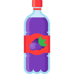 A purple grape flavored beverage in a clear plastic bottle with a red label featuring grape illustrations and a green leaf on a transparent background