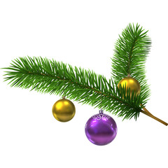A realistic close up of a pine branch with two golden and one purple Christmas ornament against a white background