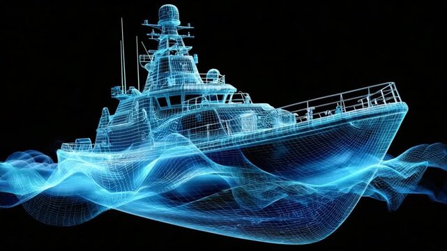 Digital Ship's Journey: A captivating digital depiction showcases a ship's intricate structure, seamlessly navigating digital waves, embodying innovation and technological advancement.