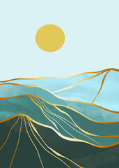 Mountain landscape watercolor painting illustration with golden line art texture. Mountain background for wall art prints, poster Art Decoration, banner