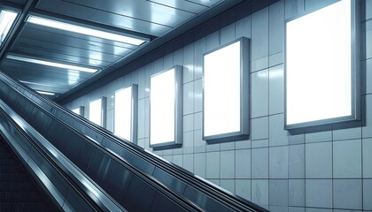 Obraz premium Advertise your brand on modern subway lightboxes near escalators for maximum exposure and reach potential customers in a high traffic urban environment