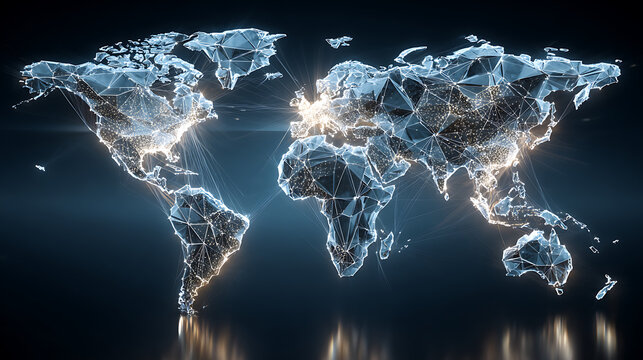 abstract glowing polygonal world map composed of interconnected triangular shapes on a dark blue background with bright light effects and depth shadows. ai generative 55221292 1 73930392 1