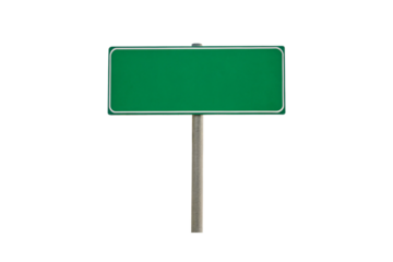 Blank green rectangular road sign mounted on metal pole, white border, empty space, isolated white background, isolated on a transparent background