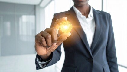 Elegant businesswoman confidently presents luminous Bitcoin, showcasing modern digital currency investment and financial innovation in a bright office space