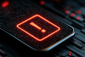 Detailed Macro Shot of a Smartphone Screen Displaying Red Alert Exclamation Point Symbol, Highlighting Potential Security Flaw or Software Malfunction in Digital Gadget