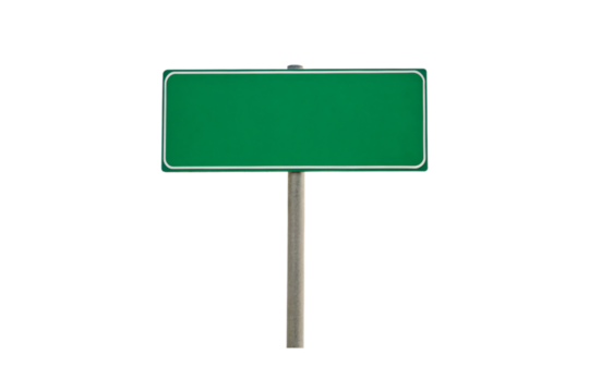 Blank green rectangular road sign mounted on metal pole, white border, empty space, isolated white background, isolated on a transparent background