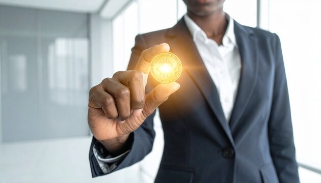 Elegant businesswoman confidently presents luminous Bitcoin, showcasing modern digital currency investment and financial innovation in a bright office space - Powered by Adobe