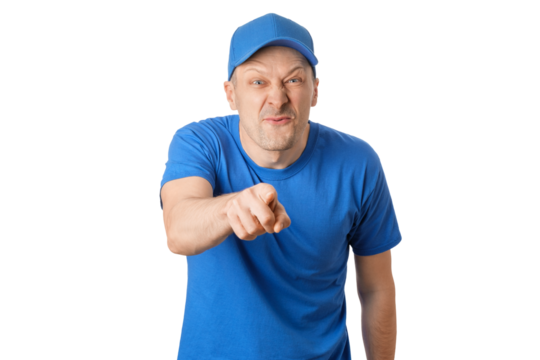 Man in blue shirt and cap making angry gesture while pointing