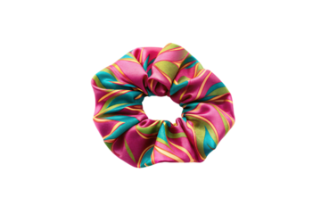 Vibrant multicolor satin scrunchie, pink magenta base, teal turquoise accents, yellow orange stripes, bold pattern, isolated on a transparent background