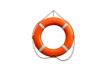 Orange life preserver ring with white reflective stripes and rope, hanging from hook, isolated on a transparent background