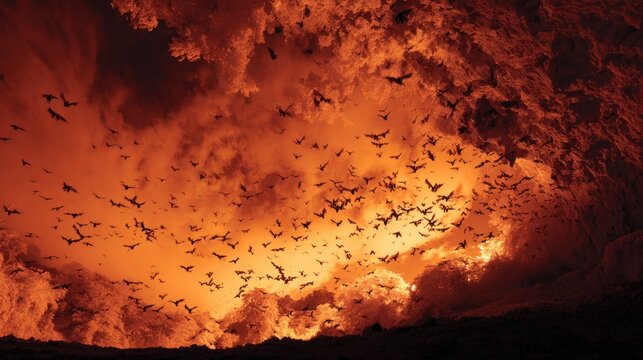 Dramatic cave exit showing a swirling swarm of bats against a bright, fiery sky