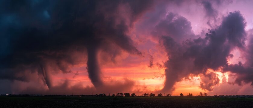 Dramatic storm clouds with developing tornadoes