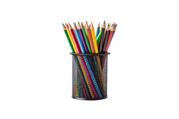 Assorted colored pencils standing upright in black mesh metal holder, art supplies rainbow arrangement, isolated on a transparent background