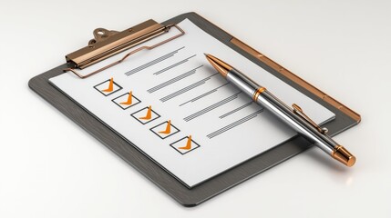 Clipboard holding a checklist with orange checkmarks and a metal pen