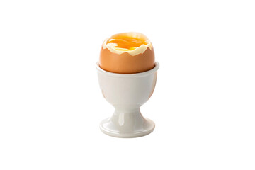 Soft boiled egg with runny yolk in white porcelain egg cup showing jagged broken shell, isolated on a transparent background